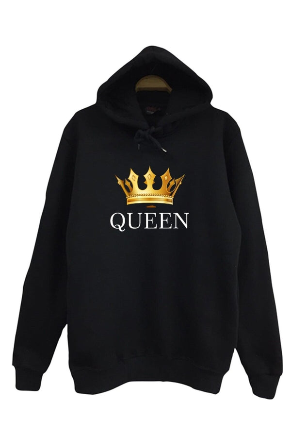 Queen Tacı Altın taç ve baskılı siyah kapüşonlu sweatshirt