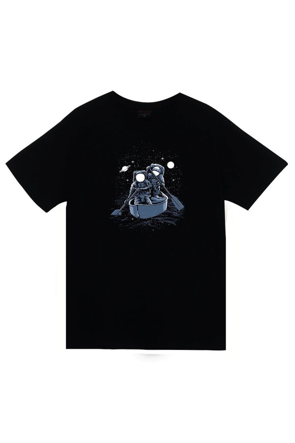 Gemi Galaksi Astronot Baskılı Unisex %100 Pamuk Tişört – Siyah