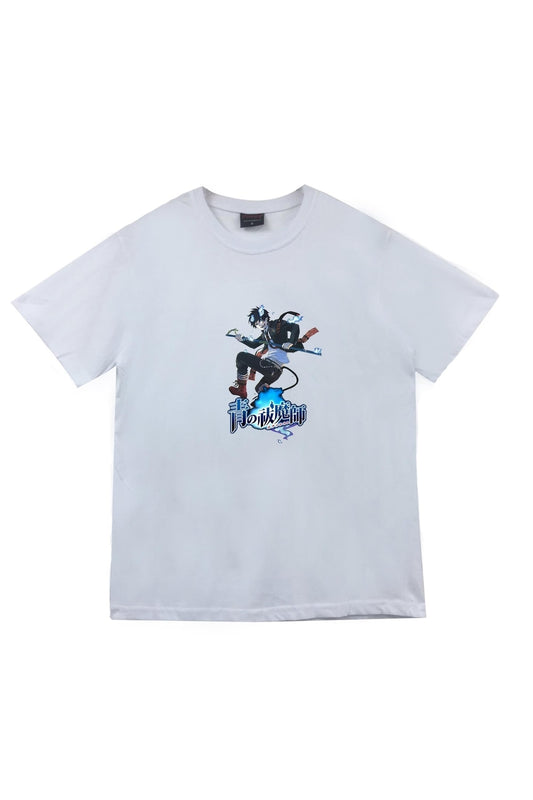 Ao No Exorcist Anime Baskılı Unisex %100 Pamuk Beyaz T-shirt