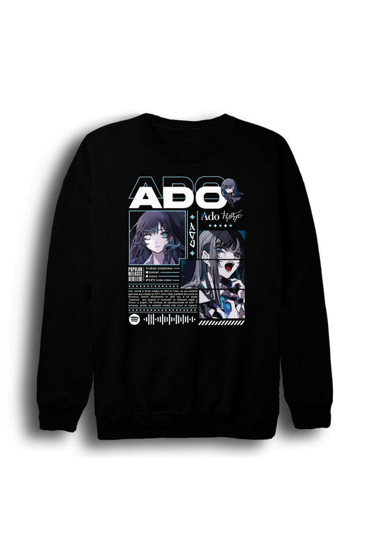 Ado Japon - K-Pop - Rock - Müzik Baskılı Unisex %100 Pamuk Bisiklet Yaka Siyah Sweatshirt