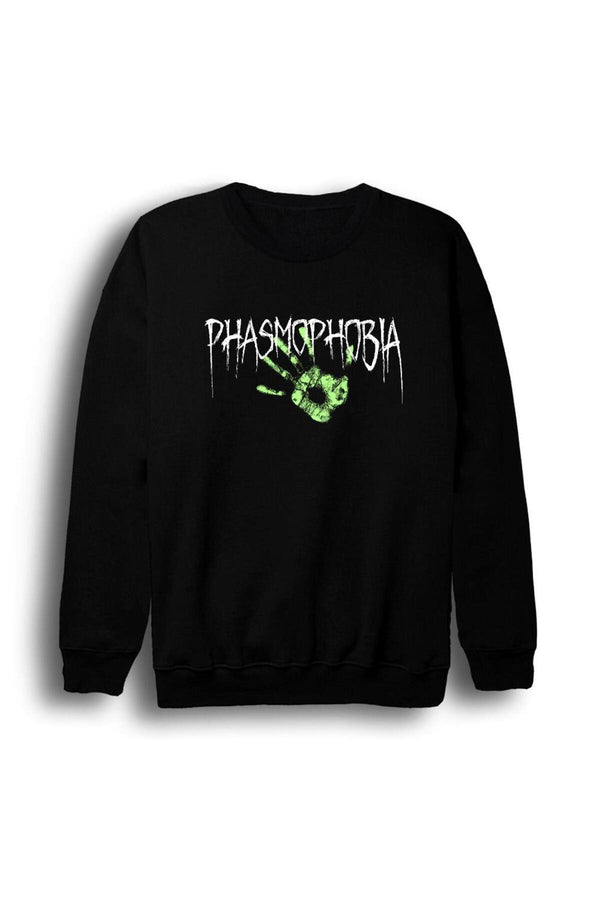 Unisex Siyah Phasmophobia Logosu ve fosforlu el baskılı siyah sweatshirt