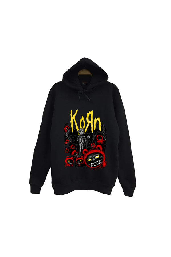 Korn - Rock - Band - Metal Baskılı Unisex %100 Pamuk Kapüşonlu Sweatshirt – Siyah