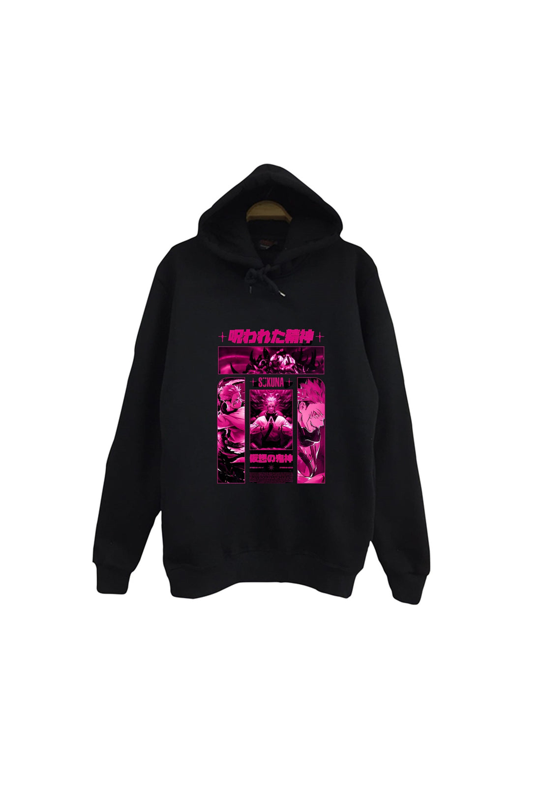 Jujutsu Kaisen - Ryomen Sukuna Magenta tonlu baskılı siyah kapüşonlu sweatshirt
