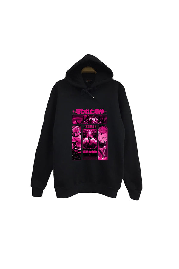 Jujutsu Kaisen - Ryomen Sukuna Magenta tonlu baskılı siyah kapüşonlu sweatshirt