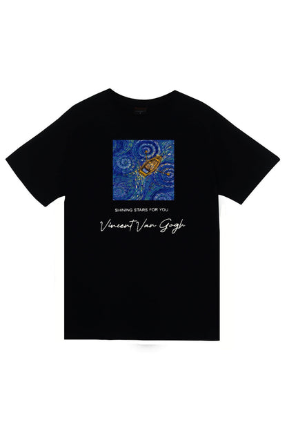 Vincent Van Gogh Yıldızlı Gece baskılı siyah tişört