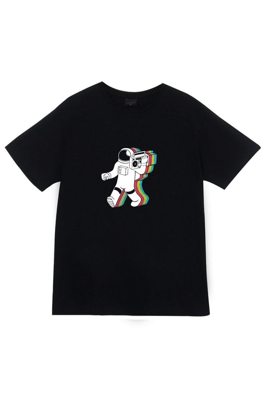 Unisex Siyah Astronot Baskılı T-shirt