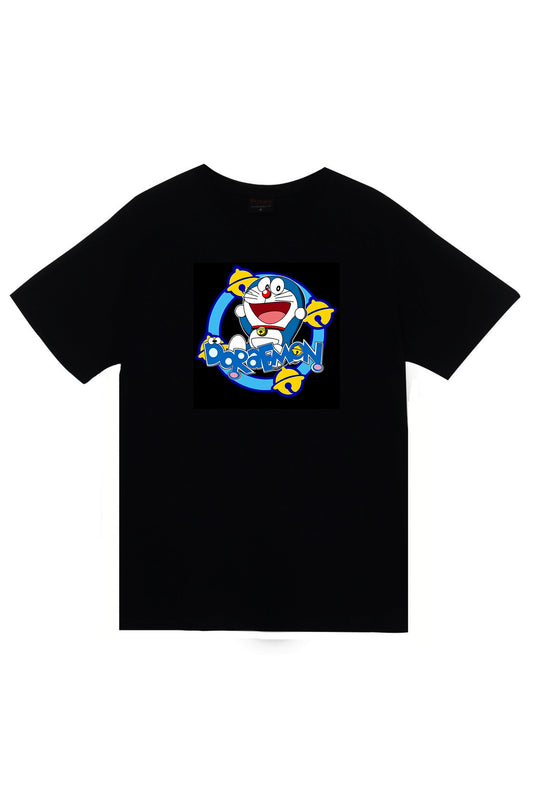 Doreamon Anime Baskılı Unisex %100 Pamuk Siyah T-shirt