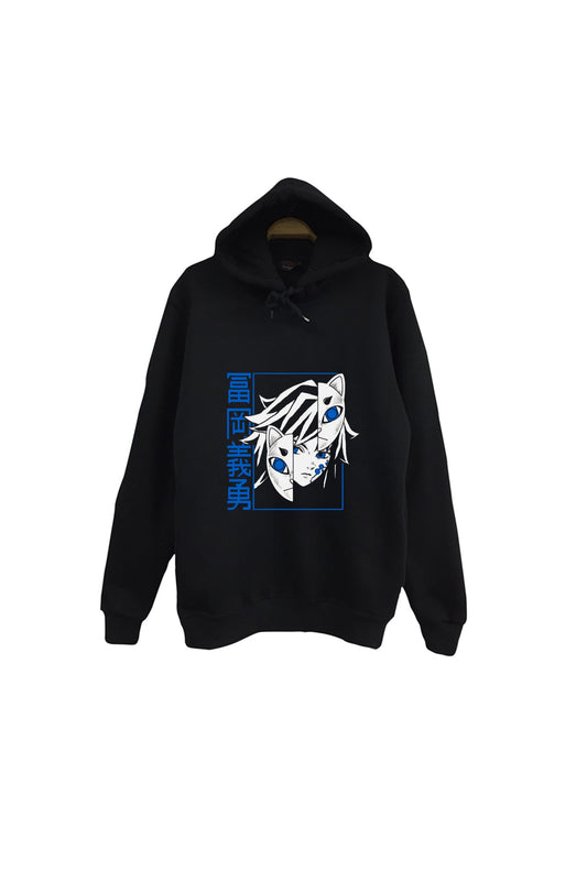 Demon Slayer Anime Baskılı Unisex %100 Pamuk Kapüşonlu Siyah Sweatshirt