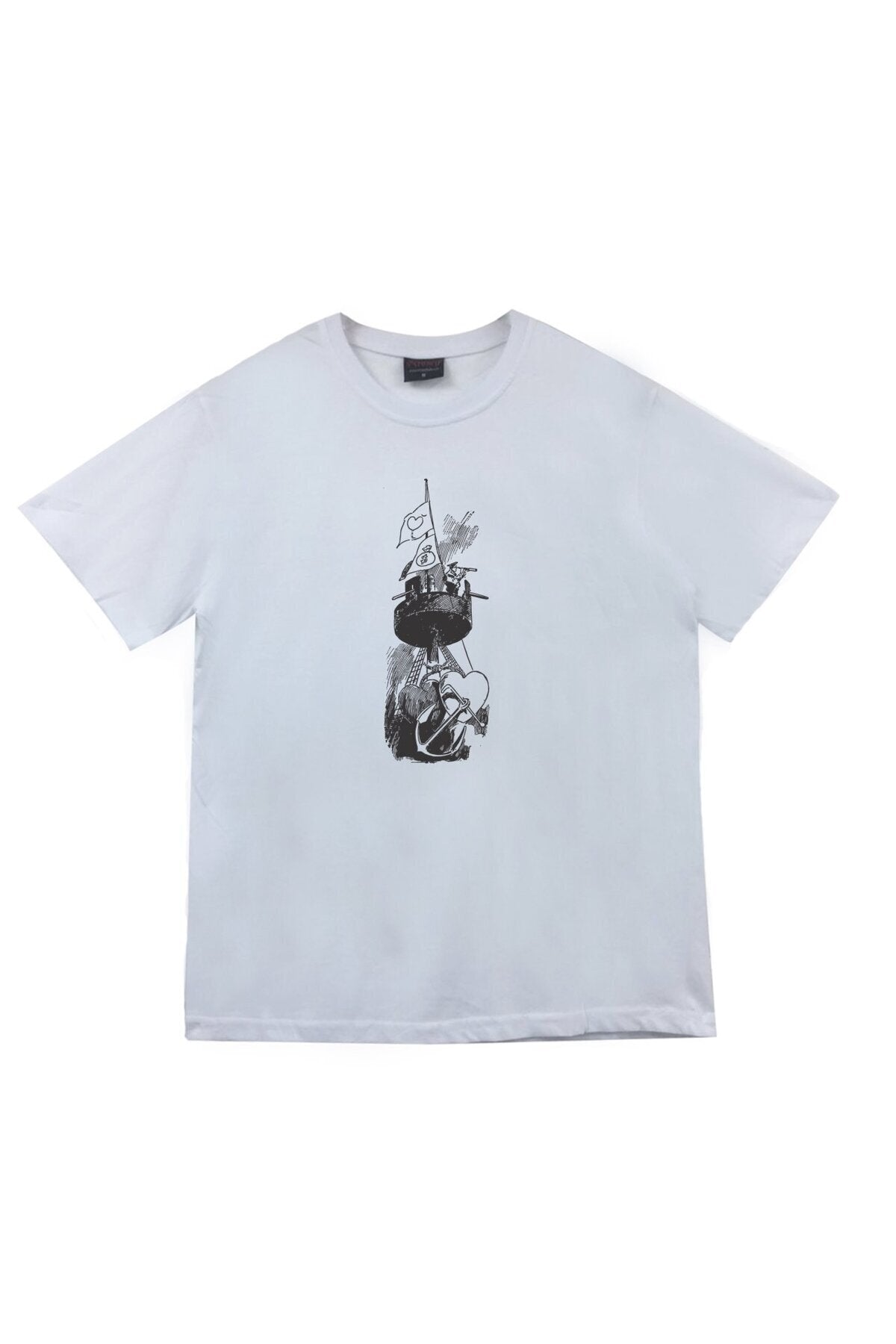 Unisex Beyaz Denizci Gemi Çapa T-shirt