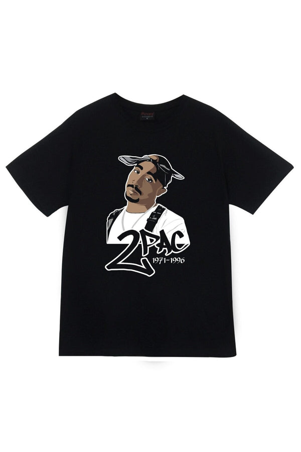Unisex Siyah Tupac Shakur baskılı siyah tişört