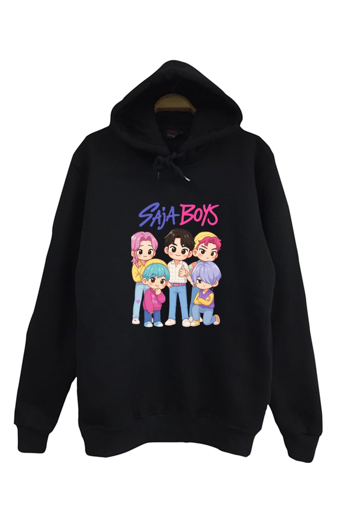 K-Pop Demon Hunters – Saja Boys Baby Saja Baskılı Unisex %100 Pamuk Kapüşonlu Siyah Sweatshirt