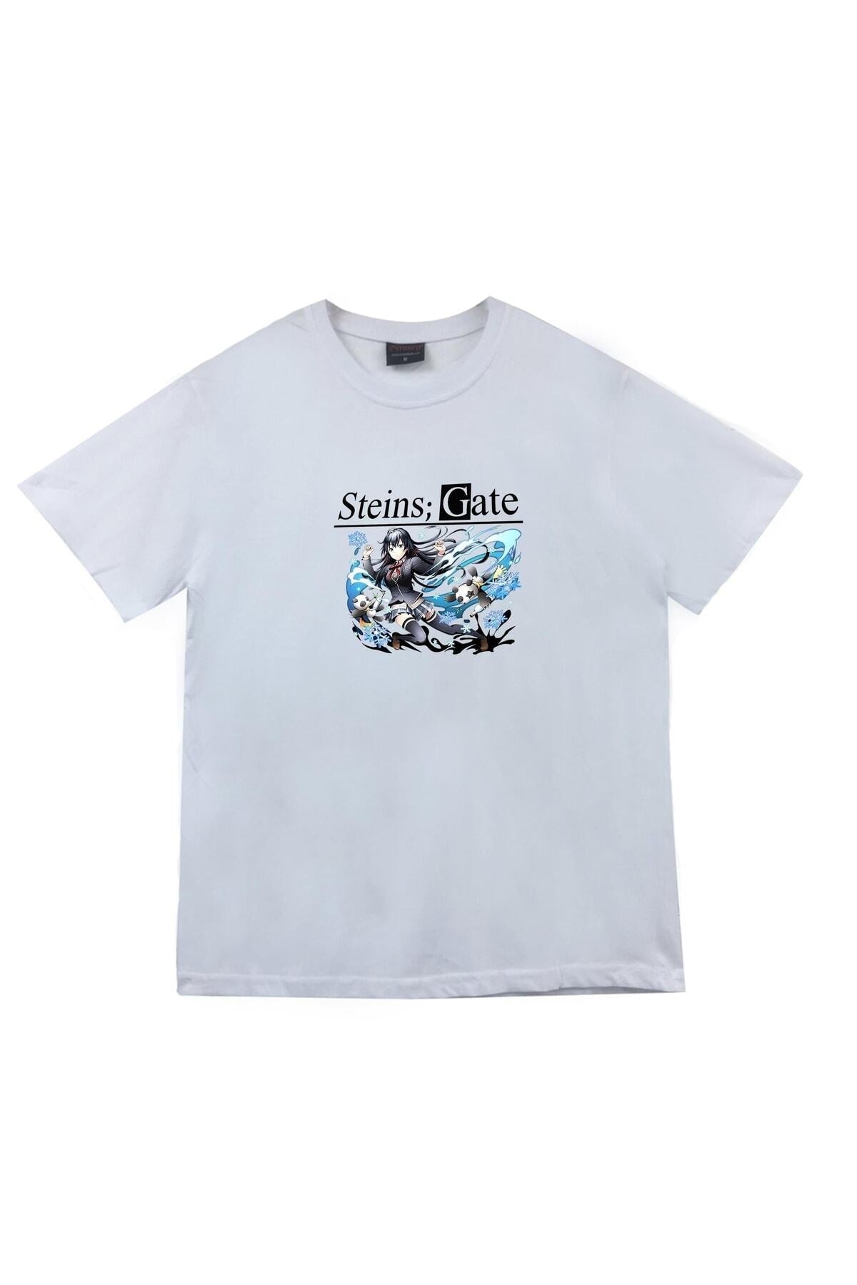 Steins Gate Anime Baskılı Unisex %100 Pamuk Beyaz T-shirt