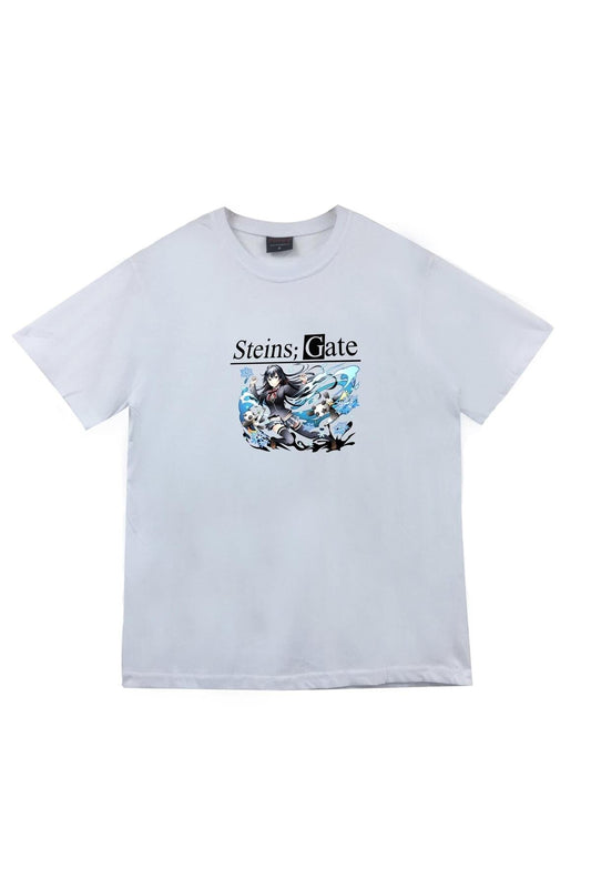 Steins Gate Anime Baskılı Unisex %100 Pamuk Beyaz T-shirt