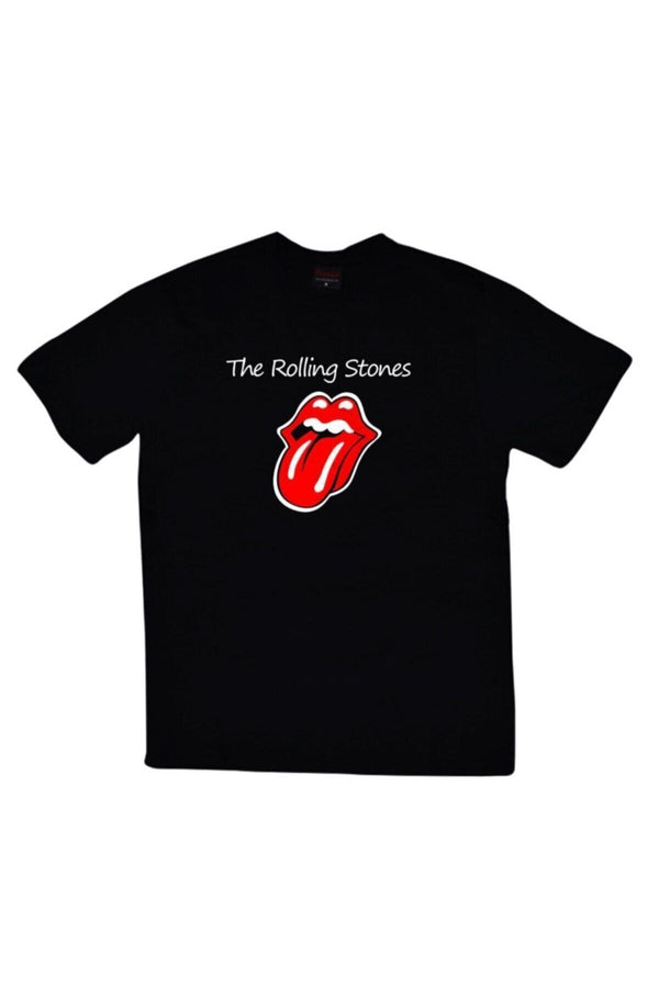 Unisex Siyah The Rolling Stones Dil ve dudak amblemi baskılı siyah tişört