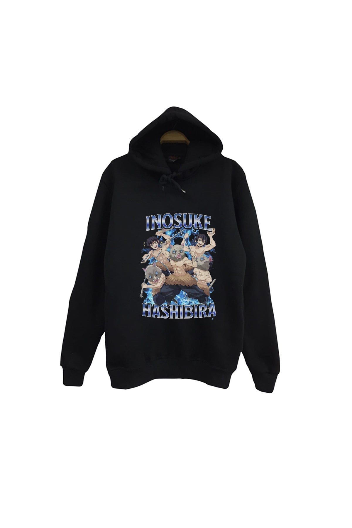 Demon Slayer Inosuke Hashibira Anime Baskılı Unisex %100 Pamuk Kapüşonlu Siyah Sweatshirt
