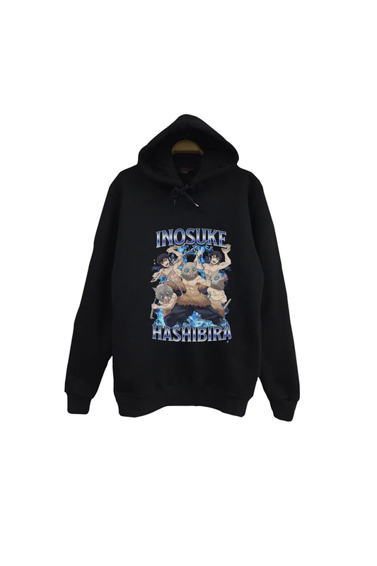 Demon Slayer Inosuke Hashibira Anime Baskılı Unisex %100 Pamuk Kapüşonlu Siyah Sweatshirt