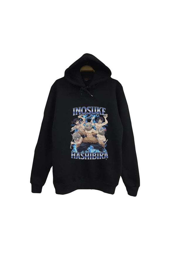 Demon Slayer Inosuke Hashibira Anime baskılı siyah kapüşonlu sweatshirt