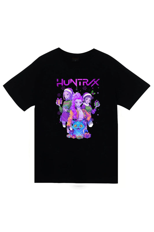 K-Pop Demon Hunters - Huntrix - Yılbaşı Baskılı Unisex %100 Pamuk Siyah T-shirt