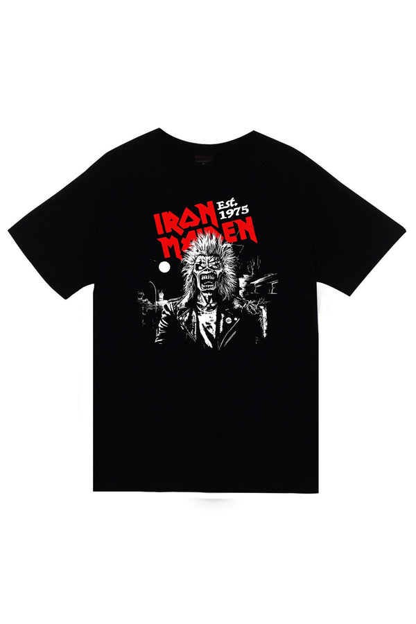 Iron Maiden - Müzik Grubu Maskot figürlü illüstrasyon baskılı siyah tişört