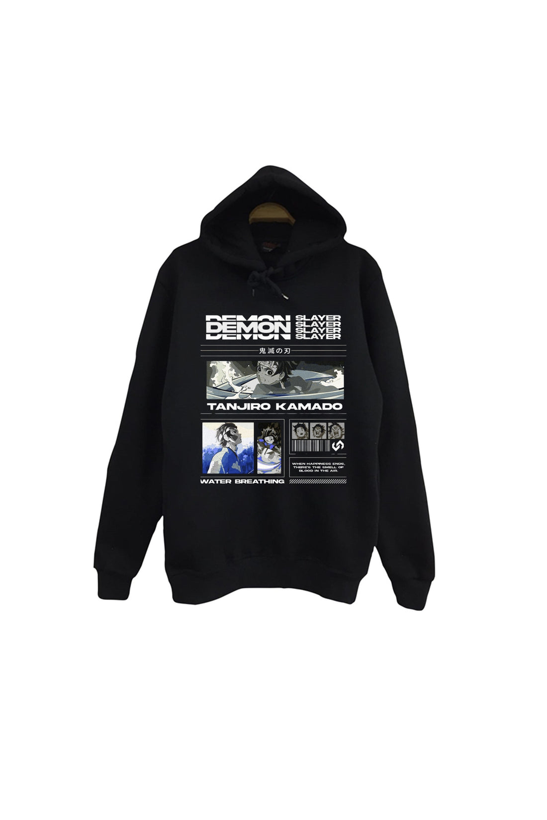 Demon Slayer Tanjirō Kamado Anime Baskılı Unisex %100 Pamuk Kapüşonlu Sweatshirt – Siyah