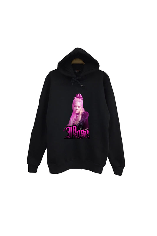 Rosé - BLACKPINK - K-Pop - Baskılı Unisex %100 Pamuk Kapüşonlu Siyah Sweatshirt