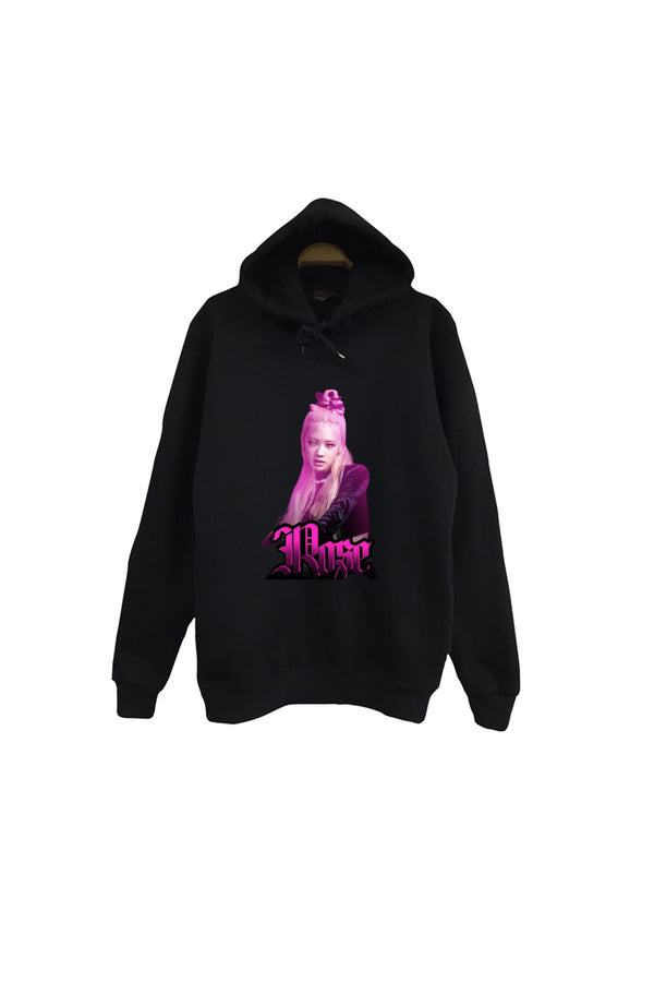 Rosé - BLACKPINK - K-Pop K-Pop - pembe saçlı baskılı siyah kapüşonlu sweatshirt