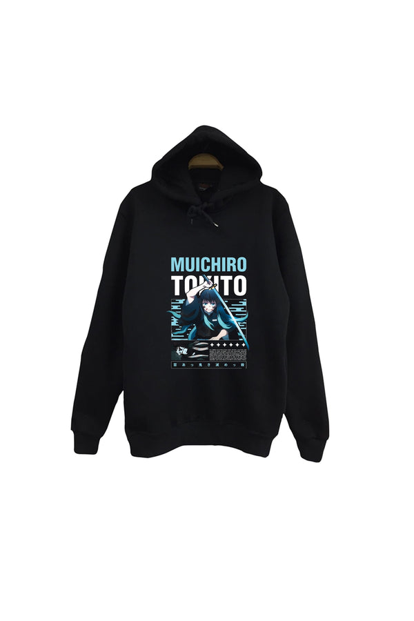 Demon Slayer Muichiro Tokito - Anime Baskılı Unisex %100 Pamuk Kapüşonlu Sweatshirt – Siyah