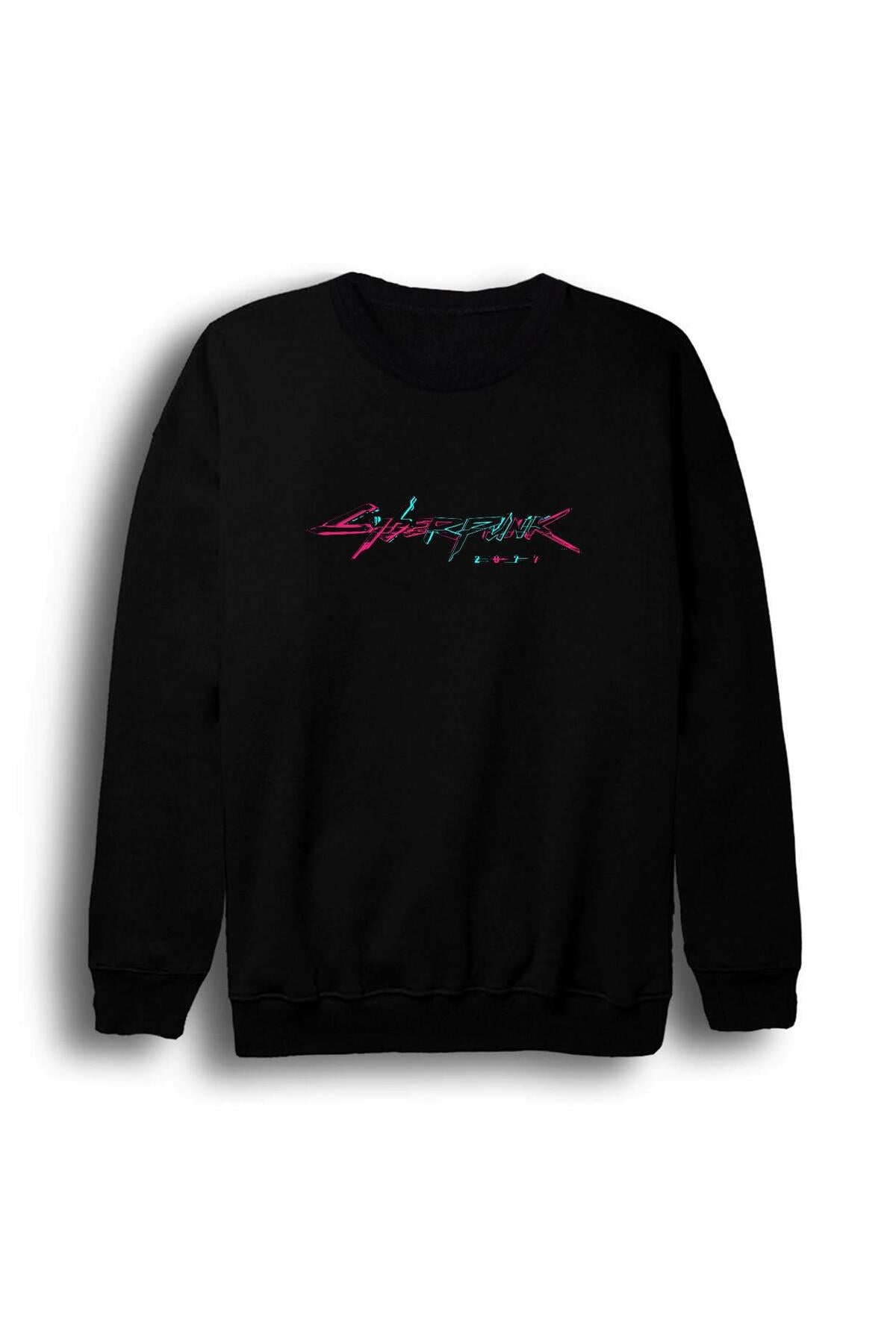 Erkek Siyah Cyber Punk Baskılı Bisiklet Yaka Sweatshirt
