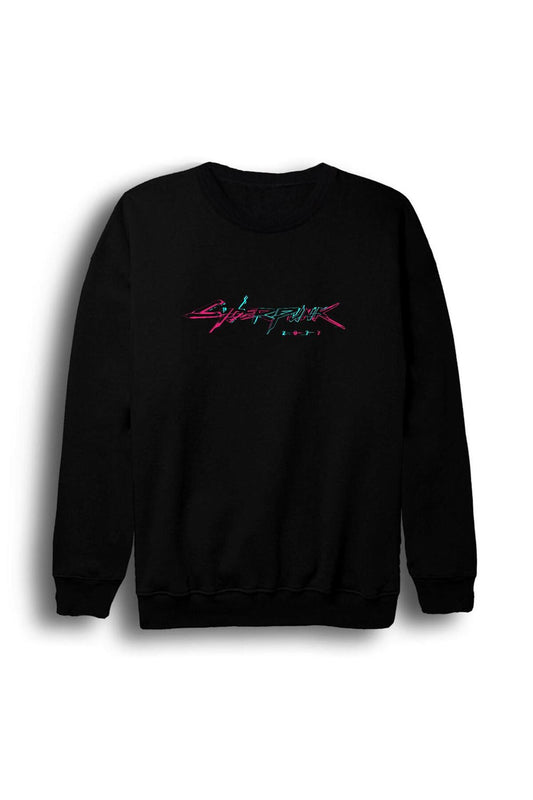 Erkek Siyah Cyber Punk Baskılı Bisiklet Yaka Sweatshirt