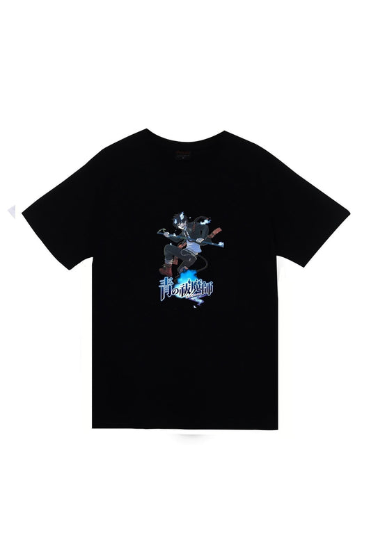 Ao No Exorcist Anime Baskılı Unisex %100 Pamuk Siyah T-shirt