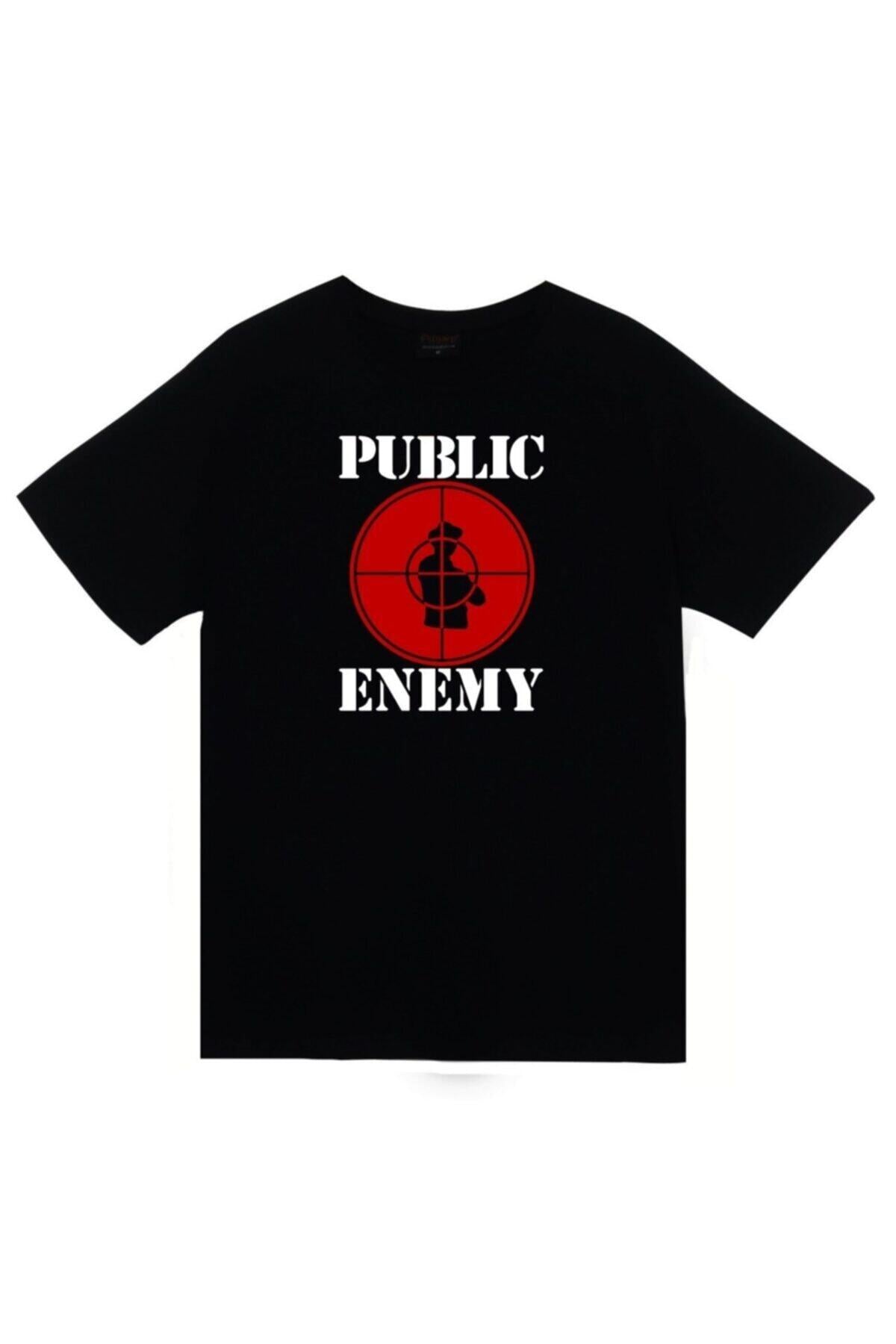 Public Enemy Baskılı Unisex %100 Pamuk Siyah T-shirt