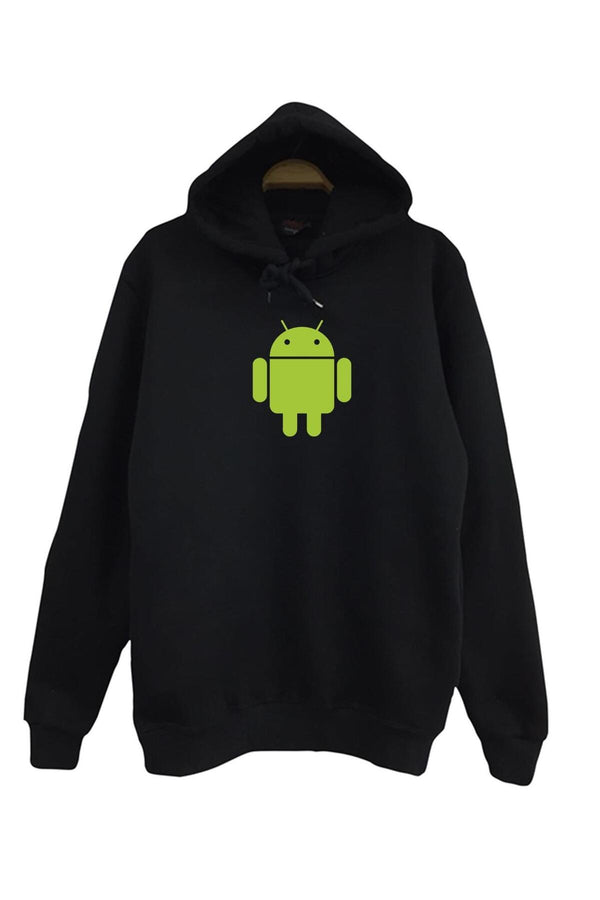 Unisex Siyah Android Robot baskılı siyah kapüşonlu sweatshirt