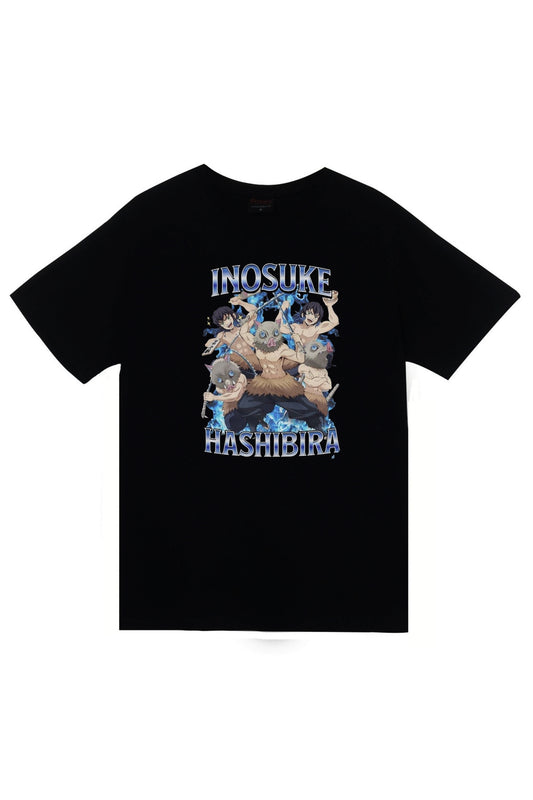 Demon Slayer Inosuke Hashibira Anime Baskılı Unisex %100 Pamuk Siyah T-shirt