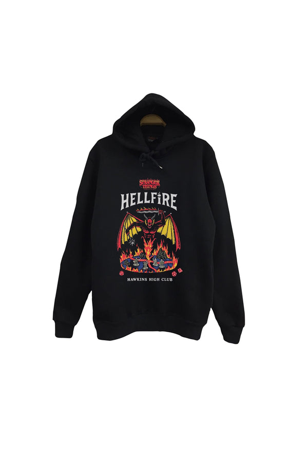 Stranger Things - Hellfire Club - Hawkins School Baskılı Unisex %100 Pamuk Kapüşonlu Sweatshirt – Siyah