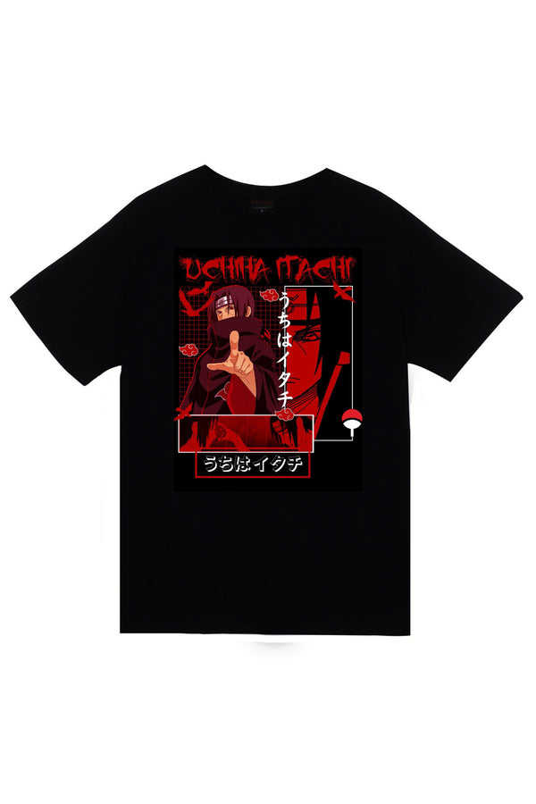 Naruto Itachi Uchiha Anime kırmızı ızgara baskılı siyah tişört