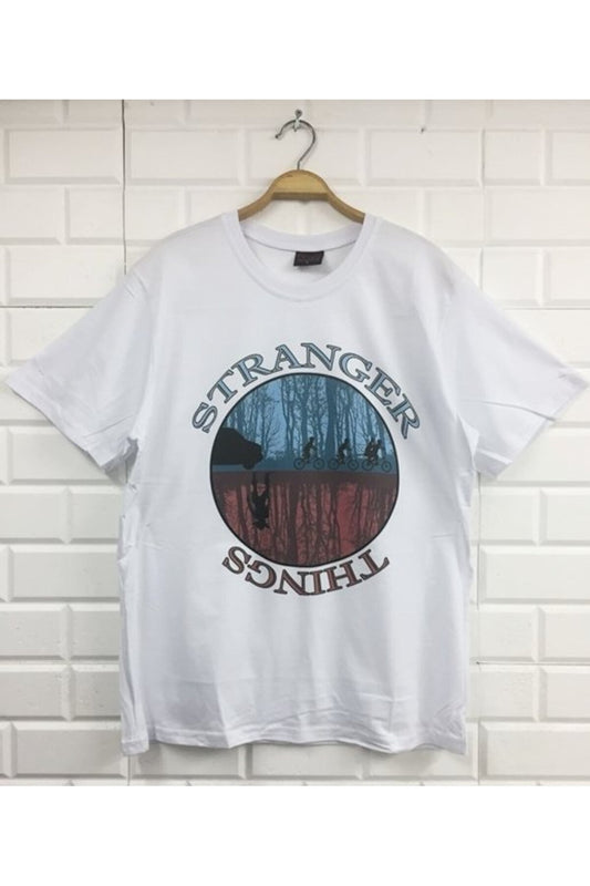 Unisex Beyaz Stranger Thıngs Baskılı T-shirt