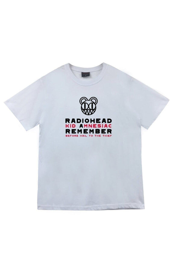 Radiohead Ayı logosu ve albüm baskılı beyaz tişört