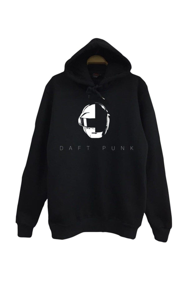 Daft Punk Baskılı Unisex %100 Pamuk Kapüşonlu Sweatshirt – Siyah