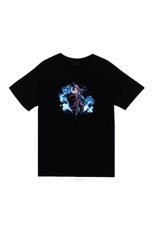 Genshin Impact Anime Baskılı Unisex %100 Pamuk Siyah T-shirt