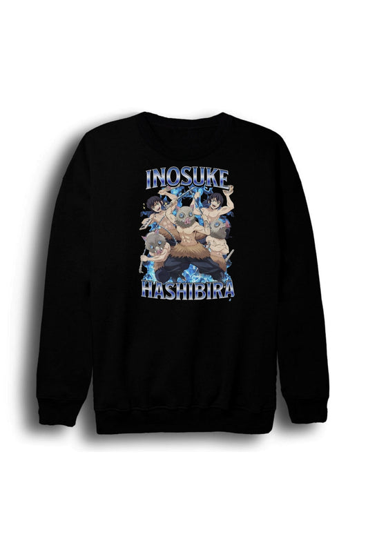 Demon Slayer Inosuke Hashibira Anime Baskılı Unisex %100 Pamuk Siyah Bisiklet Yaka Sweatshirt