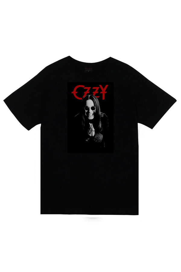 Ozzy Osbourne Siyah-beyaz portre posteri baskılı siyah tişört