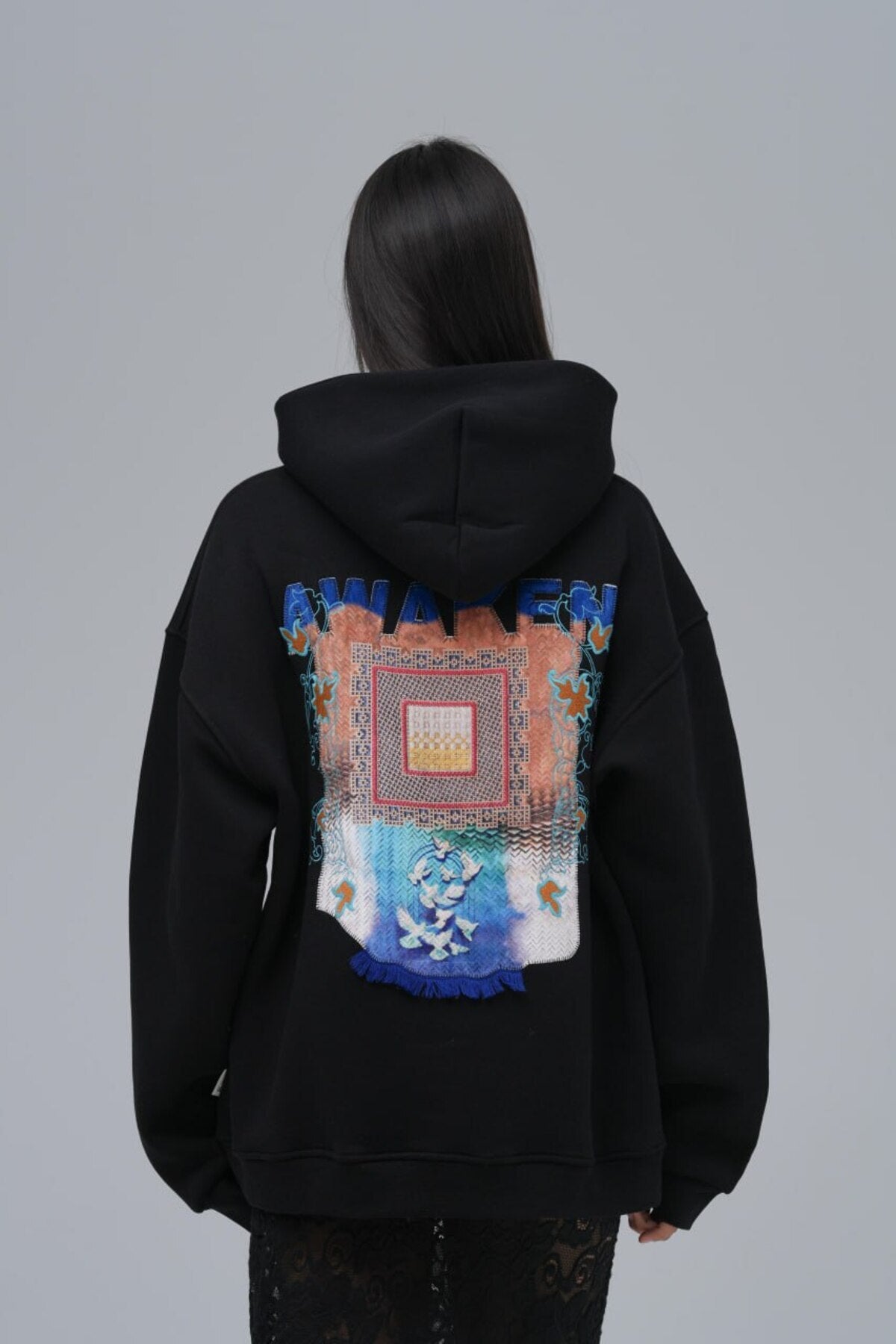 Awaken (Uyanış) Desenli Baskılı, Nakışlı Unisex %100 Pamuk Kapüşonlu Siyah Sweatshirt