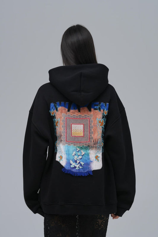 Awaken (Uyanış) Desenli Baskılı, Nakışlı Unisex %100 Pamuk Kapüşonlu Siyah Sweatshirt