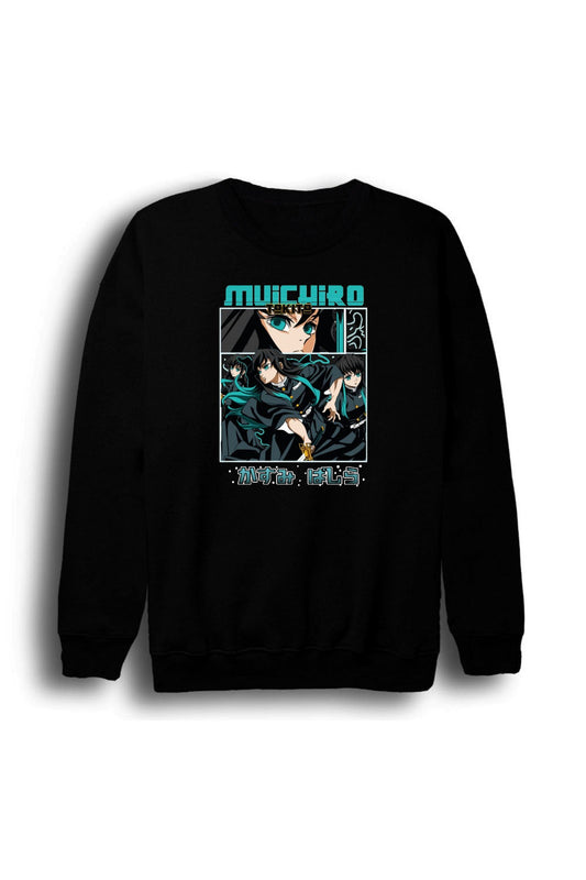 Demon Slayer Muichiro Tokito - Anime Baskılı Unisex %100 Pamuk Siyah Bisiklet Yaka Sweatshirt