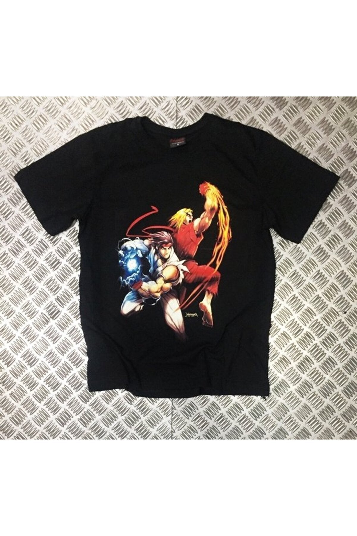 Unisex Siyah Street Fıghter Baskılı T-Shirt