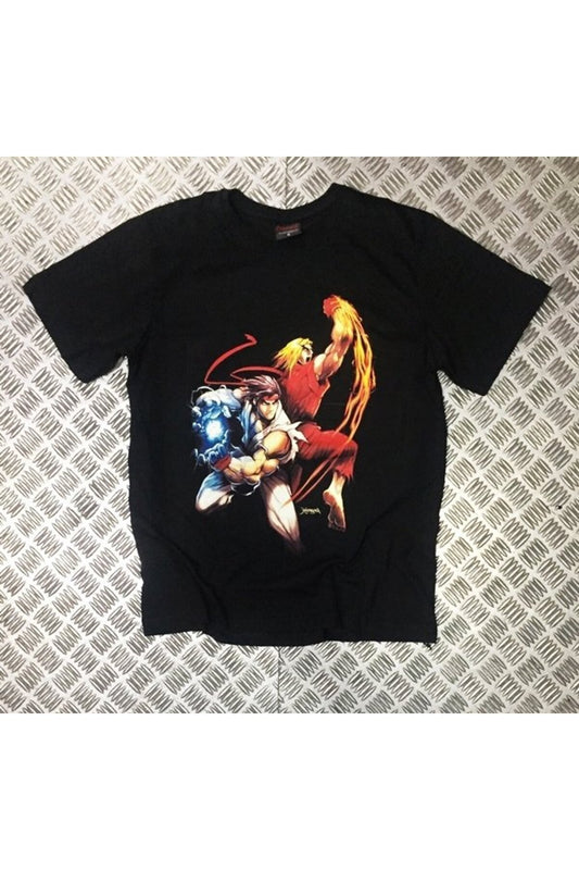 Unisex Siyah Street Fıghter Baskılı T-Shirt