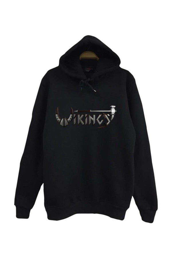Vikings Baskılı Unisex %100 Pamuk Kapüşonlu Sweatshirt – Siyah