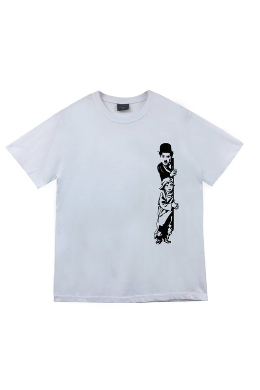 Unisex Beyaz  Chaplin Baskılı T-Shirt