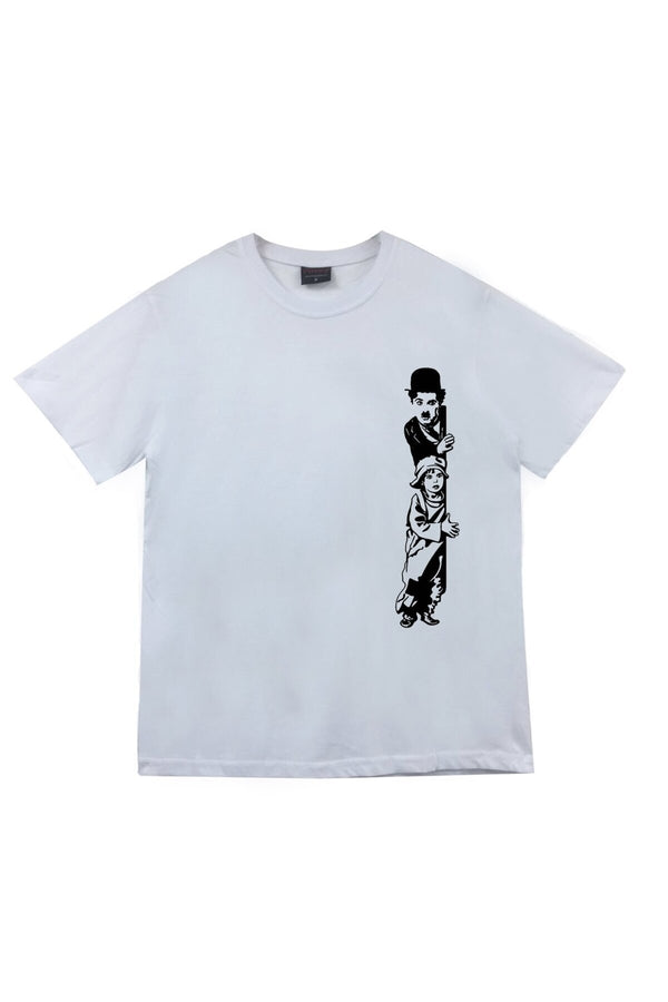 Unisex Beyaz Chaplin Siluet baskılı beyaz tişört