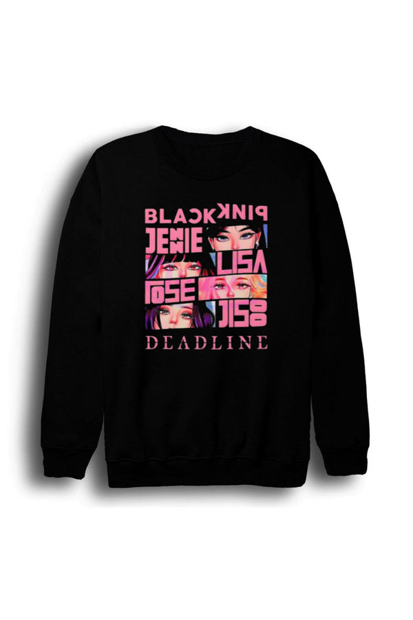 Blackpink -Lisa-Jennie-Jisoo-Rose-Deadline Baskılı Unisex %100 Pamuk Sweatshirt – Siyah